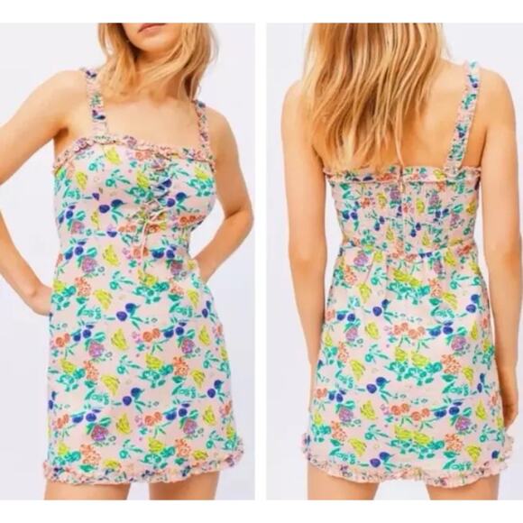 Urban Outfitters Dresses & Skirts - URBAN OUTFITTERS UO Mini Dress Size S Pink Fruits Robin Lace Up Ruffles $59 NWT